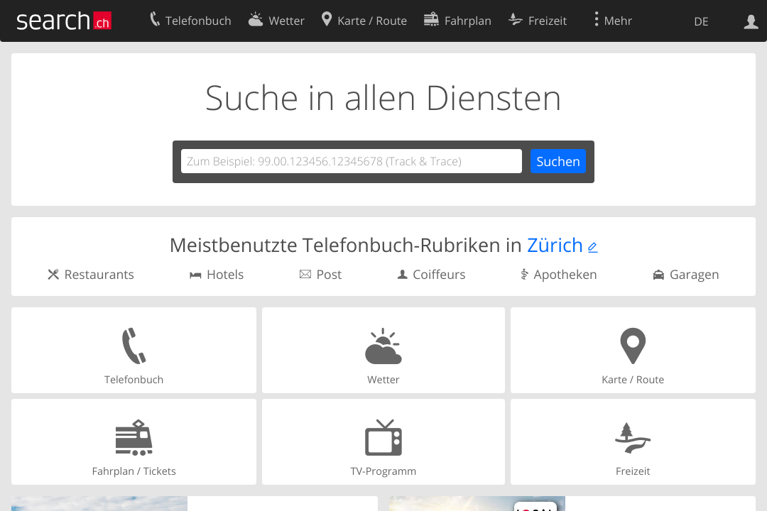 Screenshot Suchmaschine Search.ch